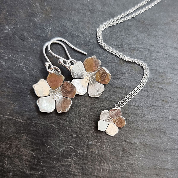 Mia Houghton silver buttercup pendant and earrings